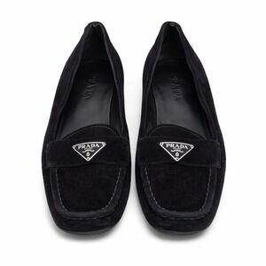 Prada Loafers Women Size 37 Black Suede Triangle Logo Flat Shoes Made in Italy